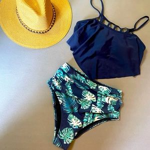 SHEIN High Waisted Navy and Floral Bathing Suit